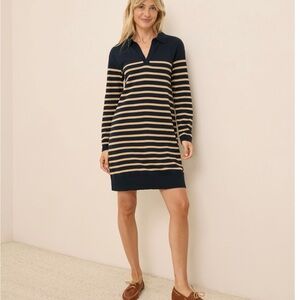 NEW Pact Organic Cotton Navy and Cream Striped Long Sleeve Dress
